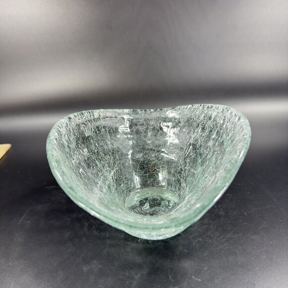 Hand Blown Clear Crackled Glass Folded Dish Bowl Hand Made Glass Decor Vintage - Picture 14 of 16